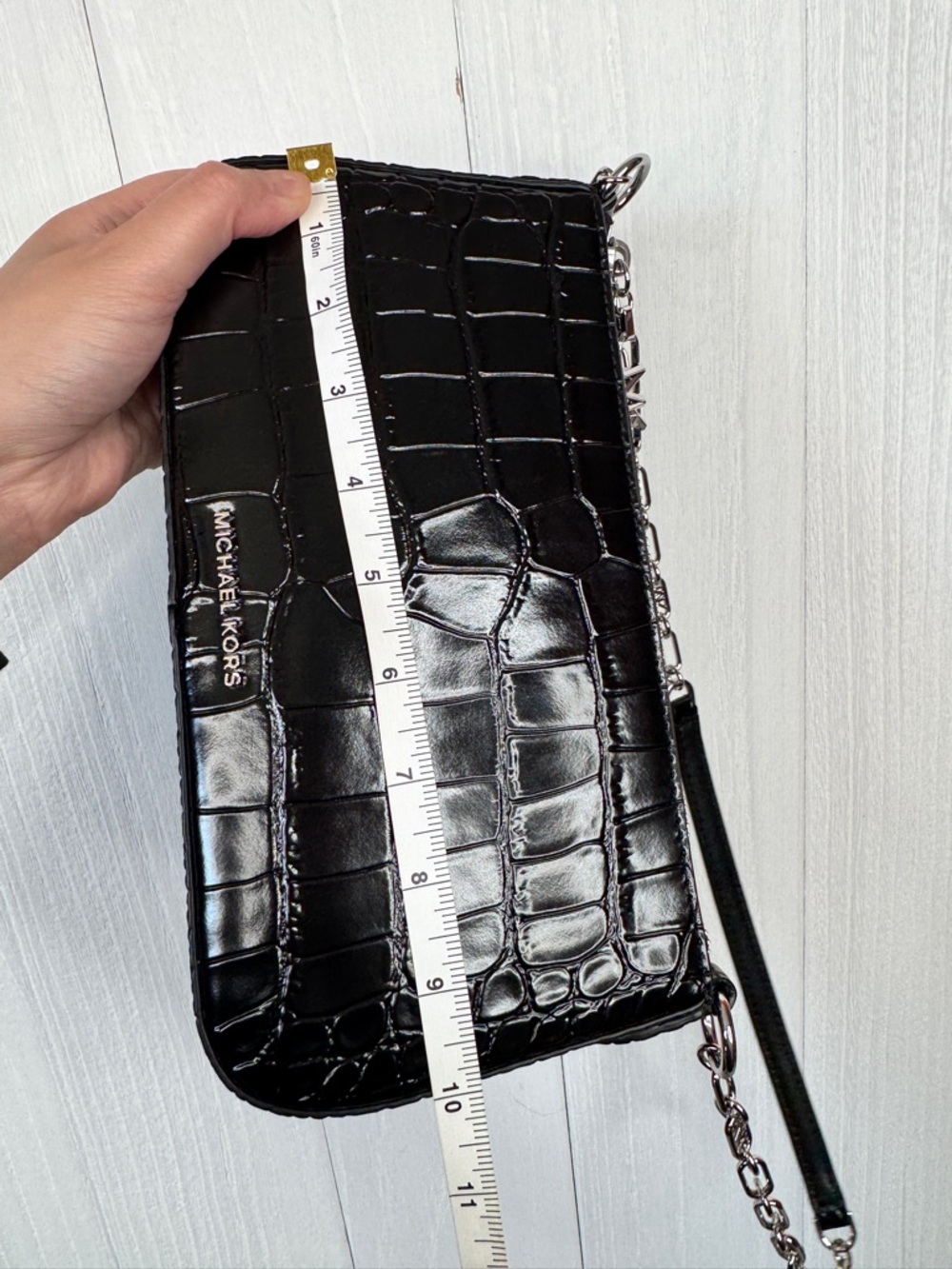 Michael Kors Empire Crocodile-Embossed Leather Chain-Link Pochette in black - Picture 11 of 11